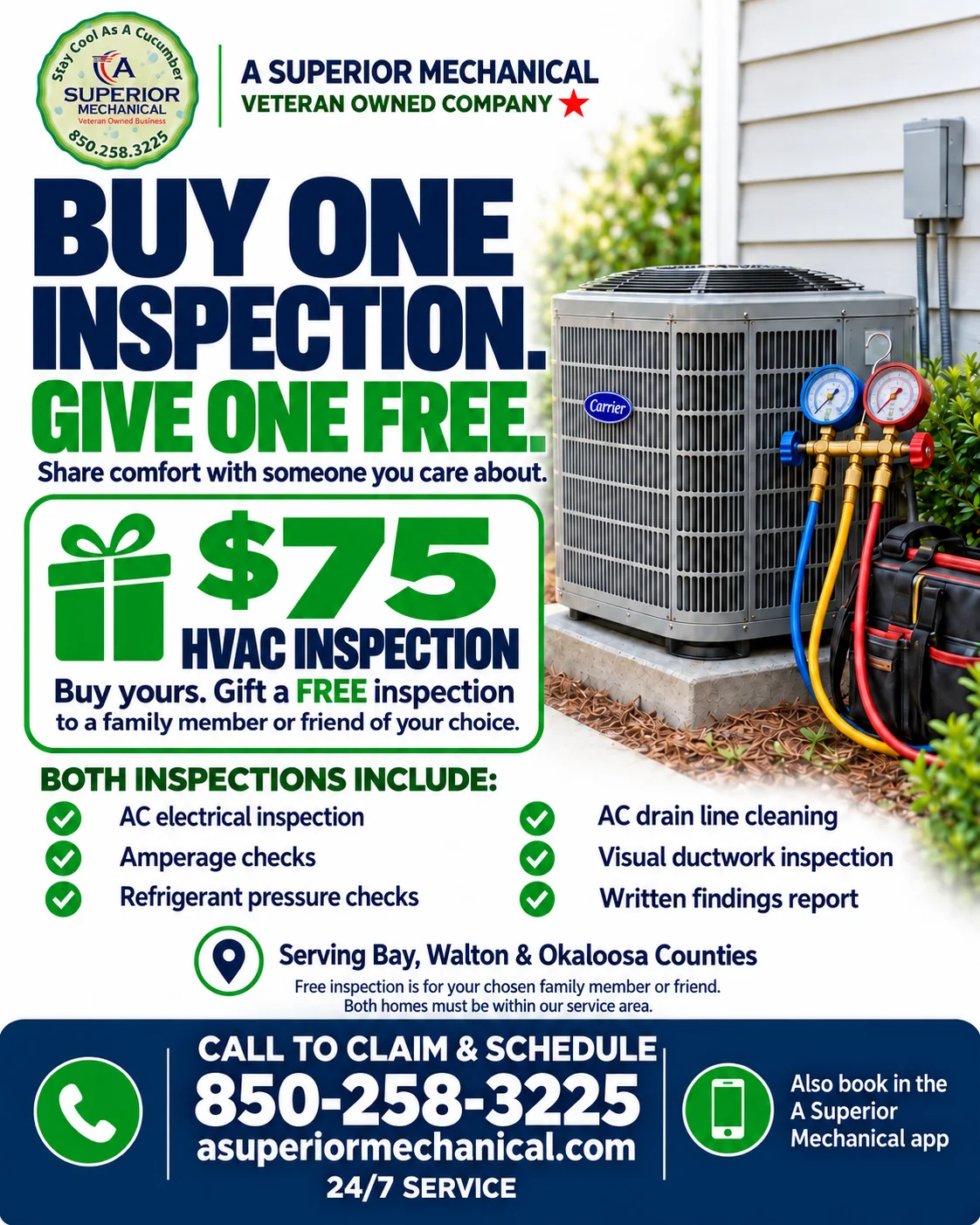 $75 HVAC inspection buy-one, gift-one-free offer showing included electrical, amperage, refrigerant pressure, drain line, ductwork, and written report services