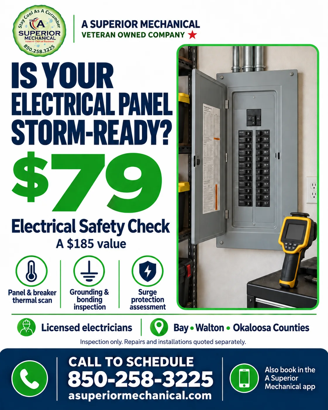 $79 electrical safety check offer showing a panel and breaker thermal scan, grounding and bonding inspection, and surge protection assessment