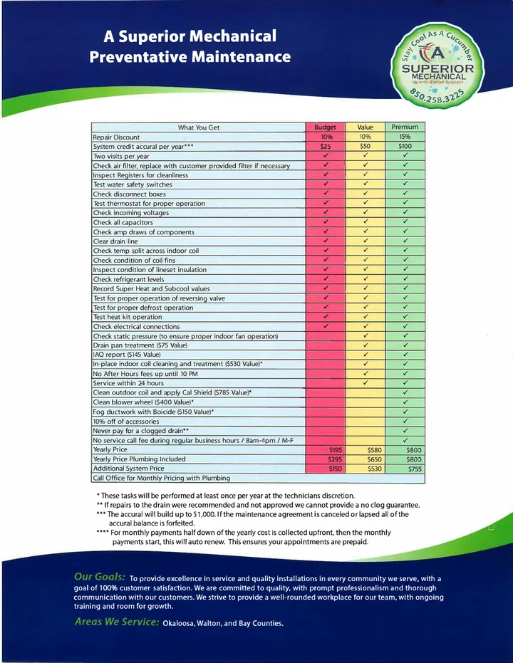 2026 A Superior Mechanical HVAC preventative maintenance flyer with membership tier comparison