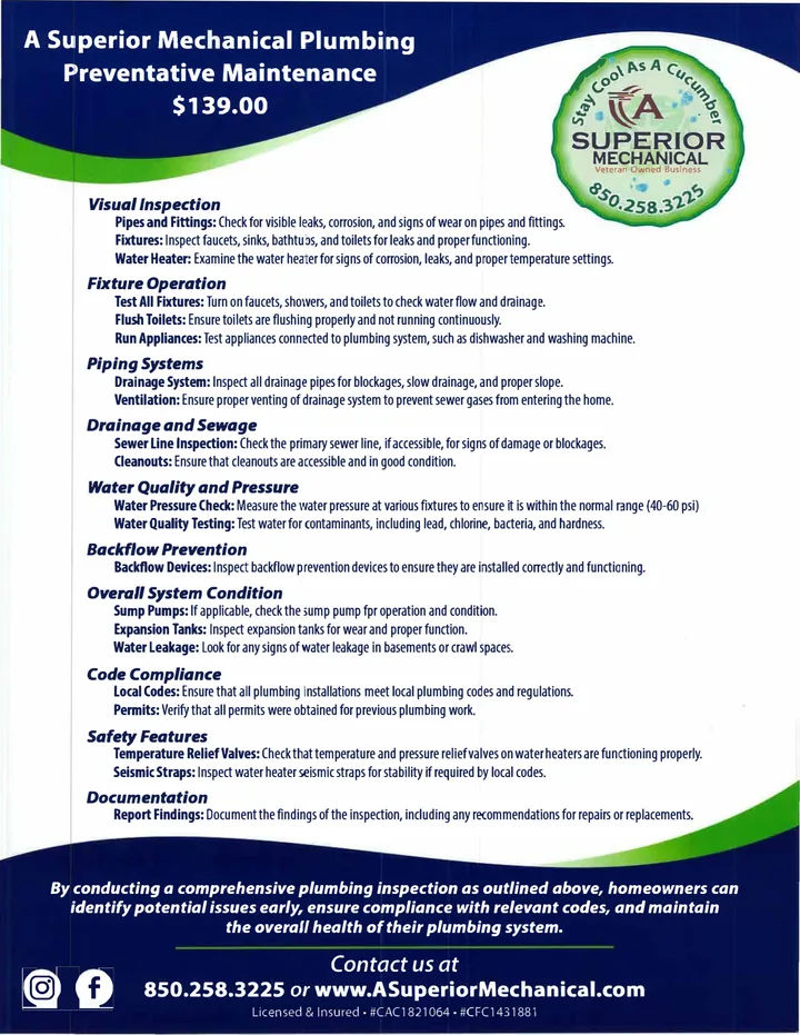 2026 A Superior Mechanical plumbing preventative maintenance flyer with inspection checklist