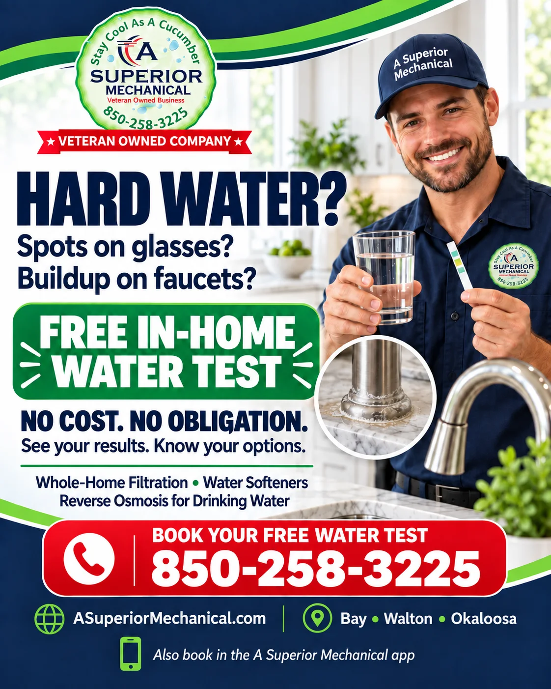 Free in-home water test offer for hard-water spots and faucet buildup with no cost or obligation