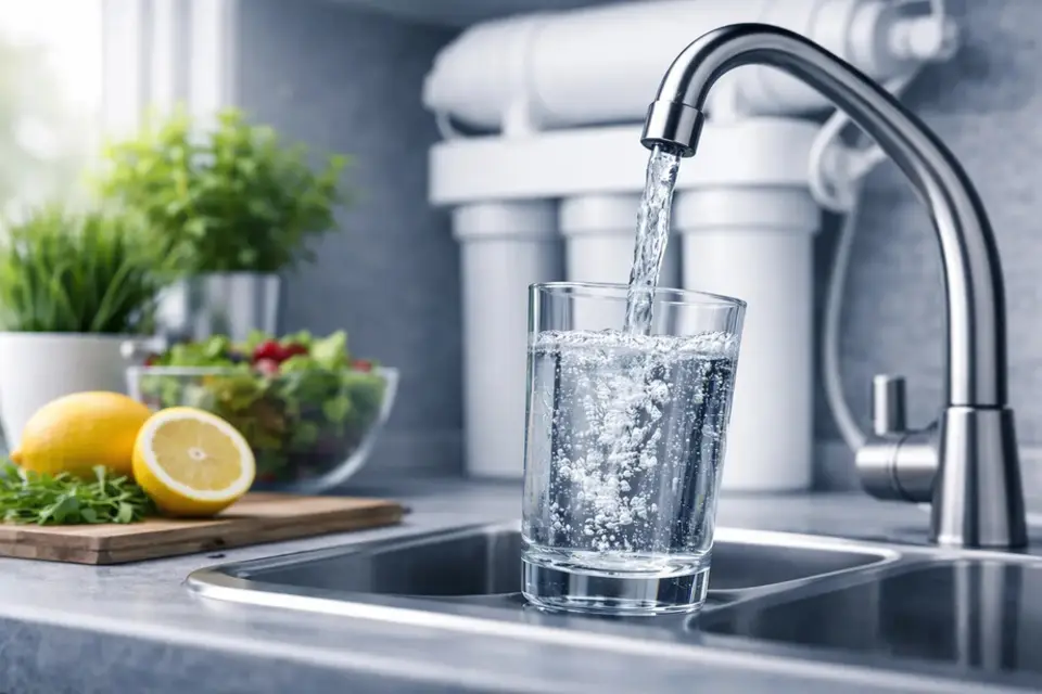 Glass being filled with clear water from a kitchen faucet