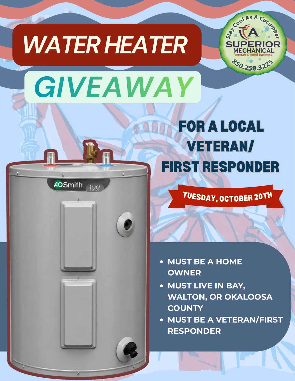 Free water heater giveaway for a local veteran or first responder in Northwest Florida