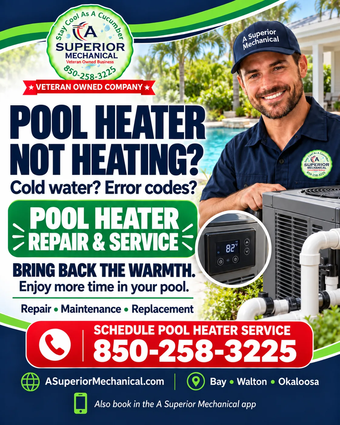 Pool heater repair, maintenance, and replacement from A Superior Mechanical for Bay, Walton, and Okaloosa counties