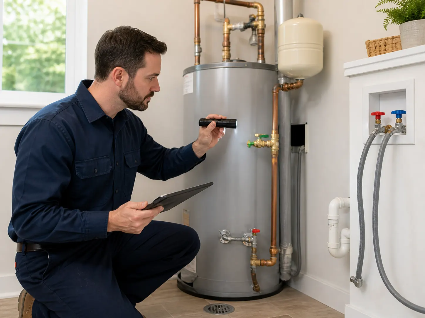 Licensed plumber inspecting a residential water heater and visible plumbing connections