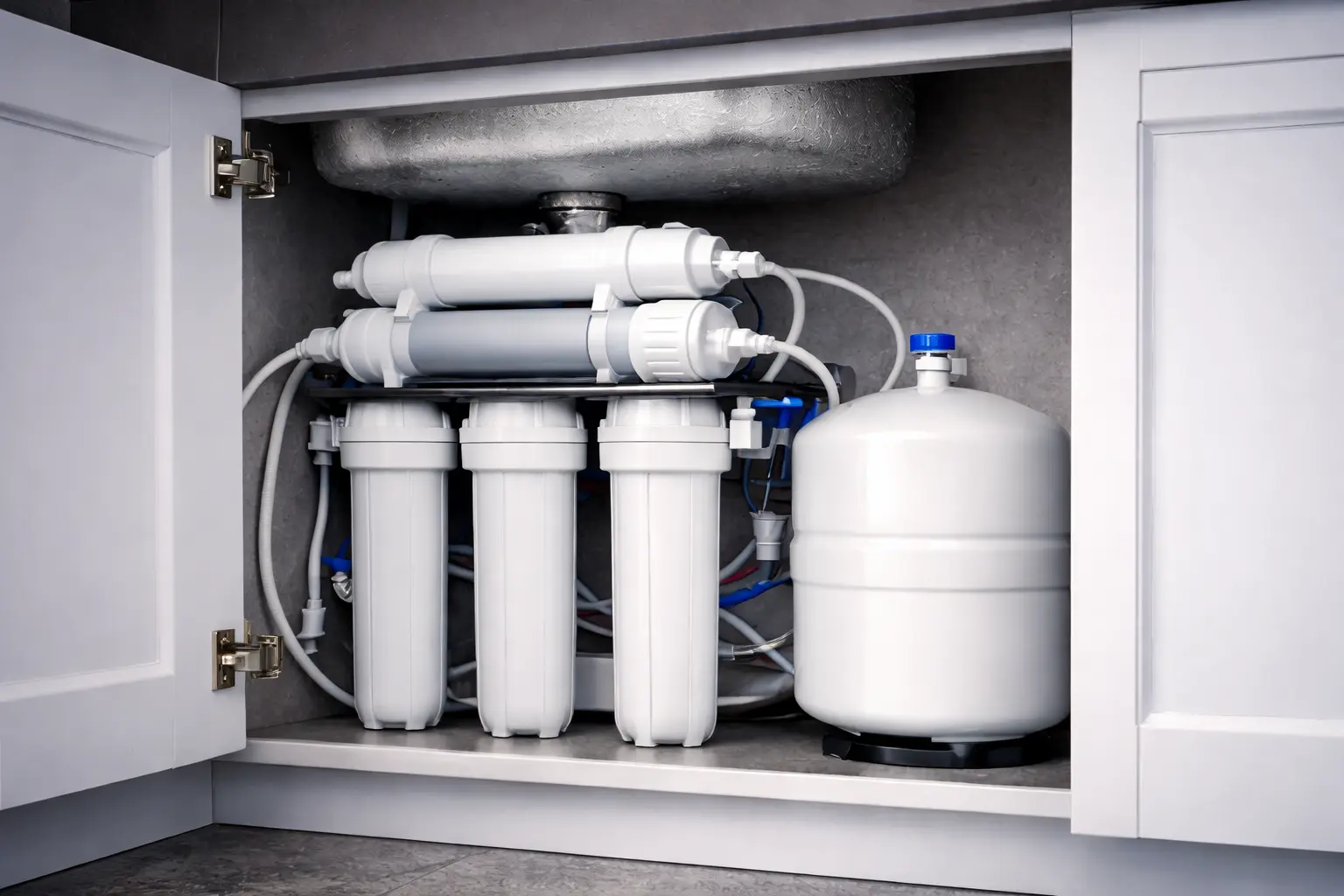 Reverse osmosis drinking water system installed under a kitchen sink
