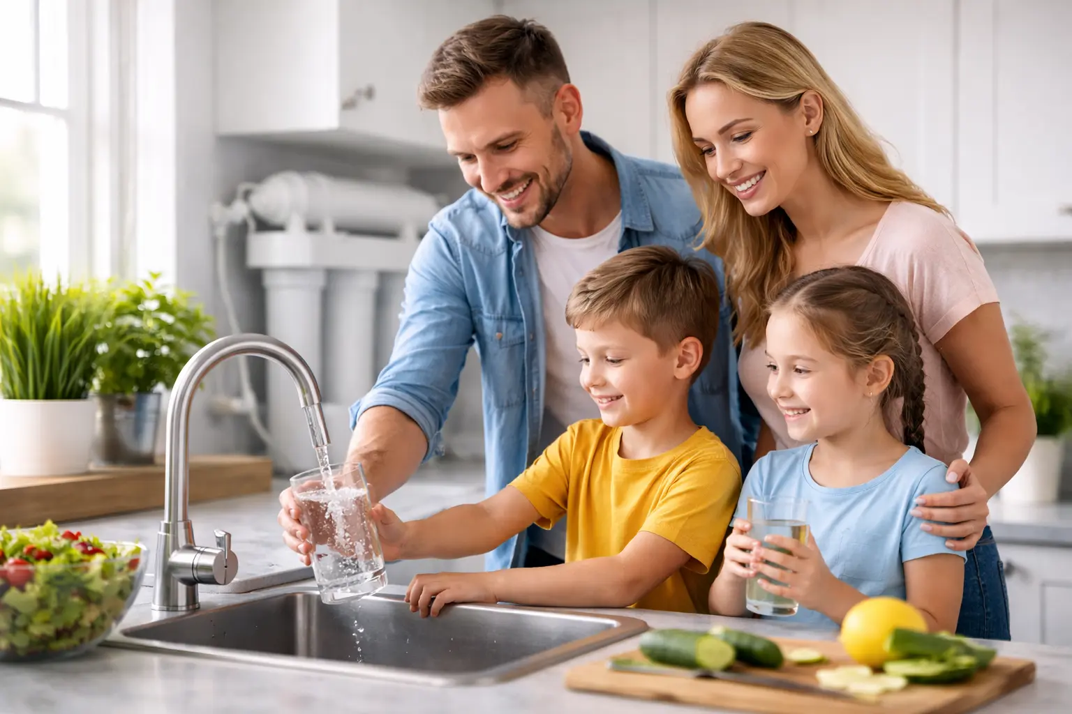 Family kitchen scene representing cleaner water for drinking, cooking, and daily use