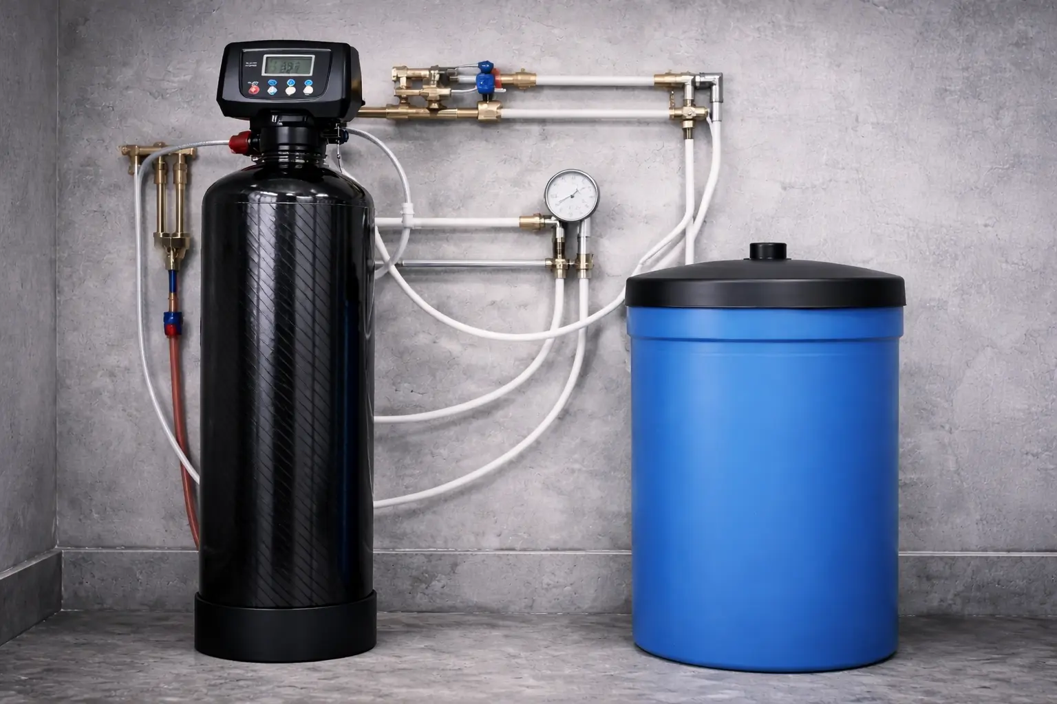 Residential water softener system connected to household plumbing