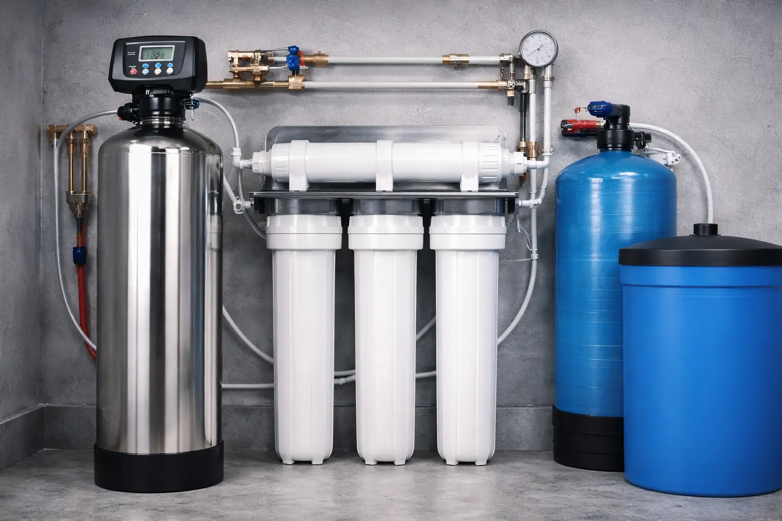 Whole-home water filtration system installed near residential plumbing lines