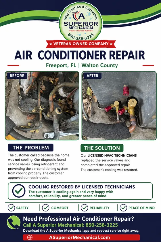 Air conditioner repair in Freeport Florida with before-and-after service valve photos