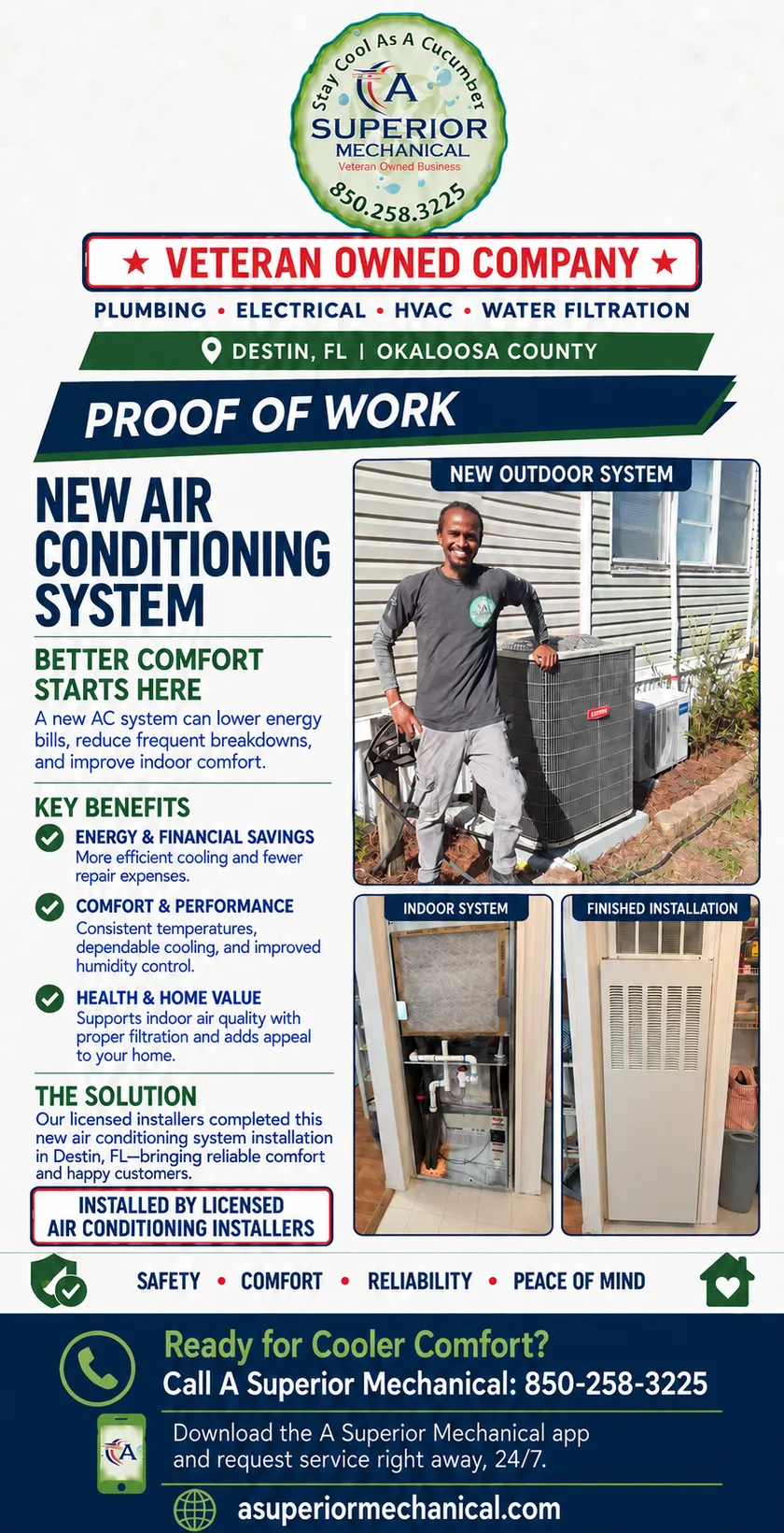 Proof page for a new air conditioning system installation in Destin Florida