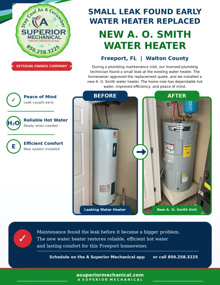 Before-and-after proof of an A. O. Smith water heater replacement in Freeport, Florida