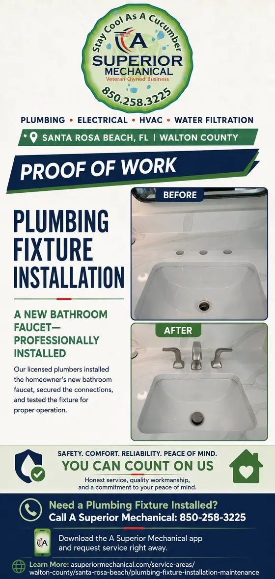 Bathroom faucet installation in Santa Rosa Beach Florida with before-and-after sink photos