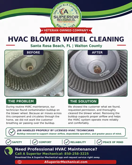 HVAC blower wheel cleaning in Santa Rosa Beach Florida with before-and-after photos