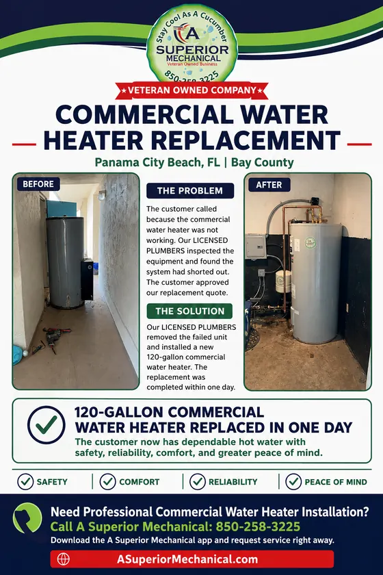 Commercial water heater replacement in Panama City Beach Florida with before-and-after photos