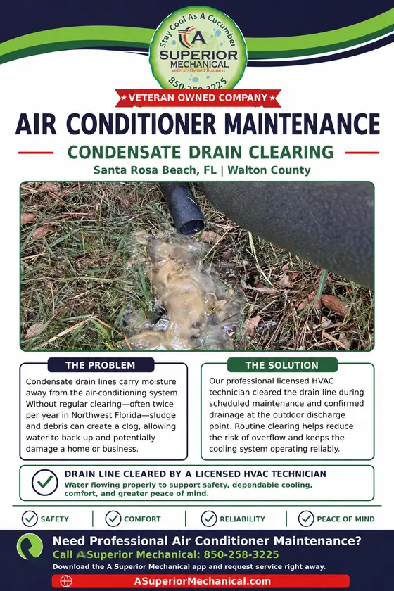 Air conditioner condensate drain clearing in Santa Rosa Beach Florida