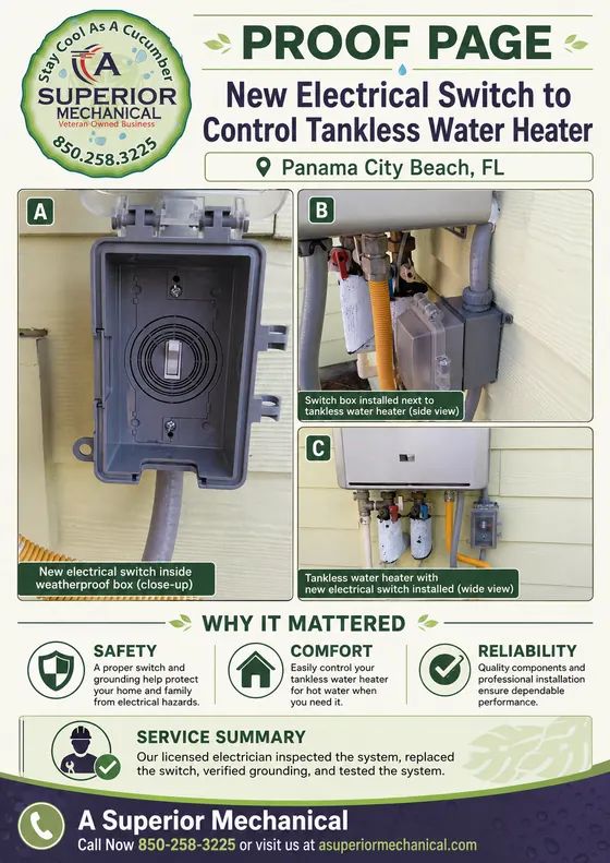 Proof page for an electrical switch installed beside a tankless water heater in Panama City Beach, Florida