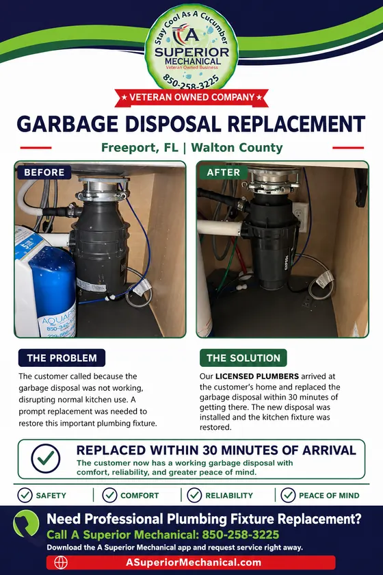 Garbage disposal replacement in Freeport Florida with before-and-after project photos