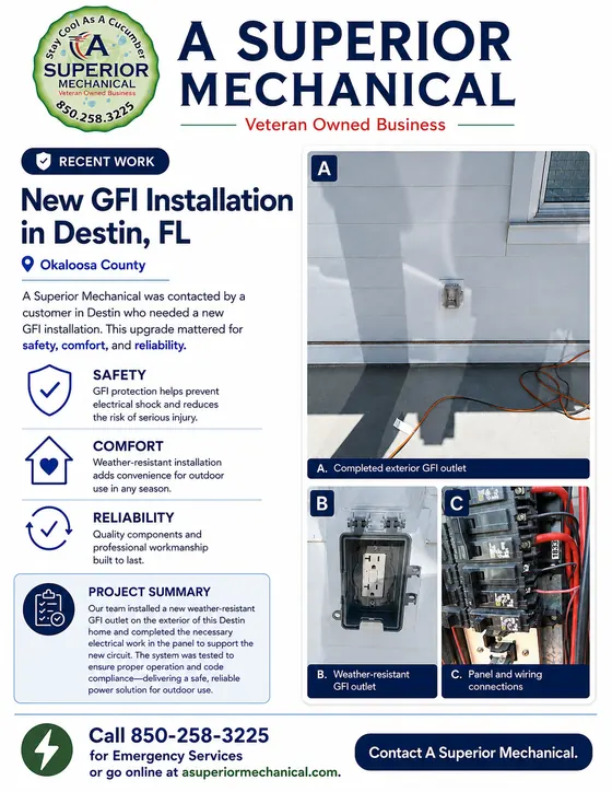 Proof page for a new exterior GFI outlet installed at a home in Destin, Florida