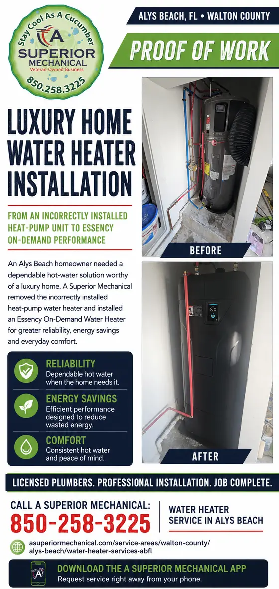 Luxury home water heater installation in Alys Beach Florida with before-and-after equipment photos
