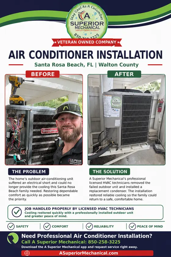Outdoor air conditioner installation in Santa Rosa Beach Florida with before-and-after condenser photos