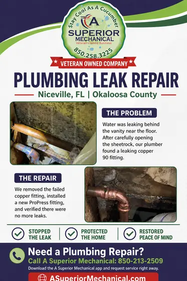 Plumbing leak repair in Niceville Florida with copper fitting before and after photos