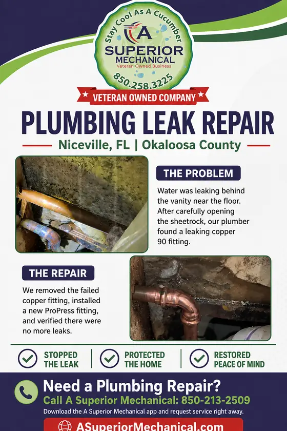 Plumbing leak repair in Niceville Florida with copper fitting before and after photos