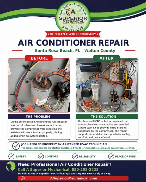 Air conditioner run capacitor and hard start kit repair in Santa Rosa Beach Florida