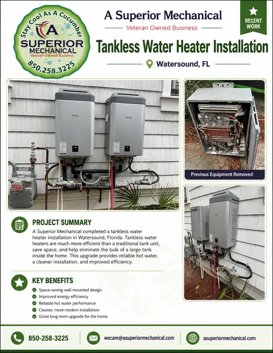 Tankless water heater installation in Watersound Florida with dual Rinnai units, previous equipment, and project benefits