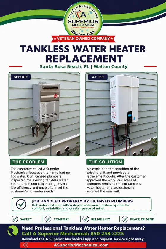Tankless water heater replacement in Santa Rosa Beach Florida with before-and-after photos