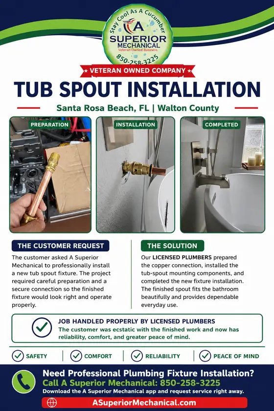 Tub spout installation in Santa Rosa Beach Florida with preparation installation and completed photos