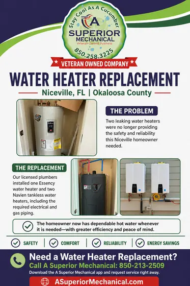 Water heater replacement in Niceville Florida with Essency and Navien installation photos