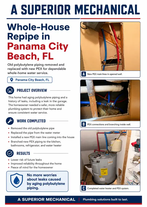 Whole-house repipe in Panama City Beach with project overview, work completed, results, and job photos